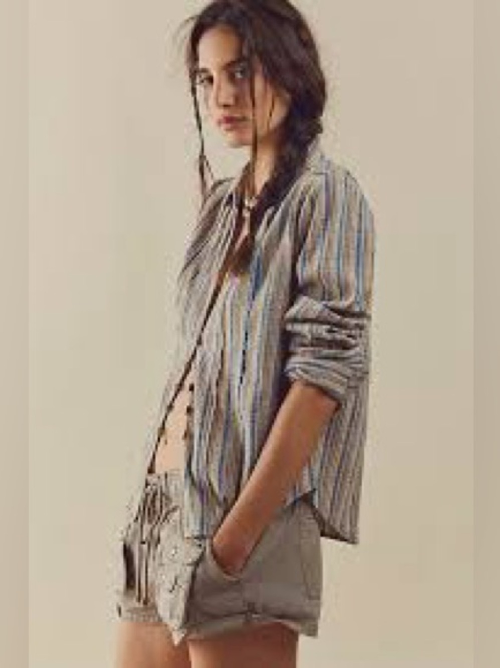NWT We The Free Malibu‎ Sunset Shirt Blue Combo Striped V-Neck Top -Size S